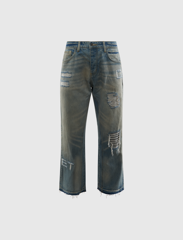 DISTRESSED STENCIL DENIM JEANS