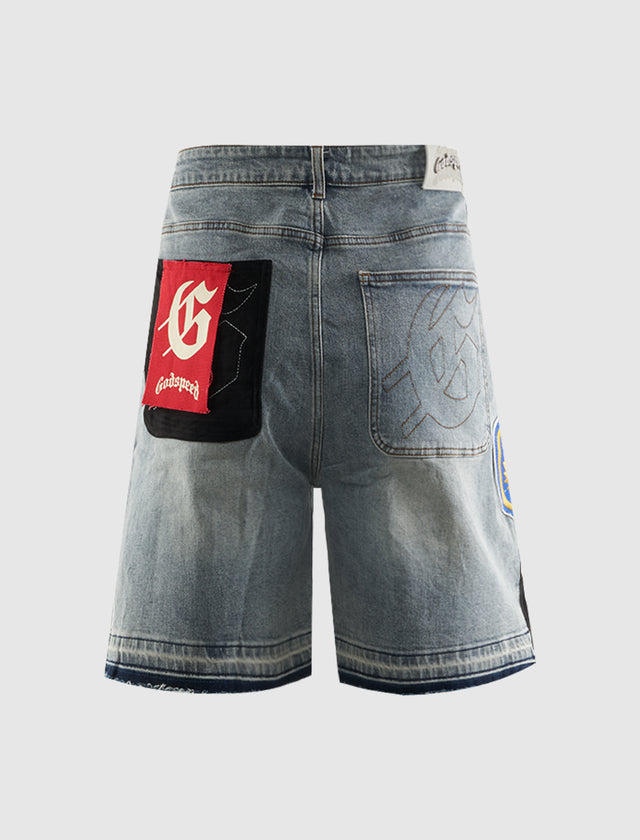 PATCHWORK-DENIM-SHORTS