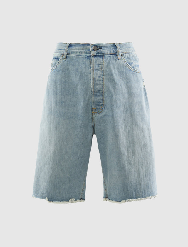 Light blue denim shorts on a white background