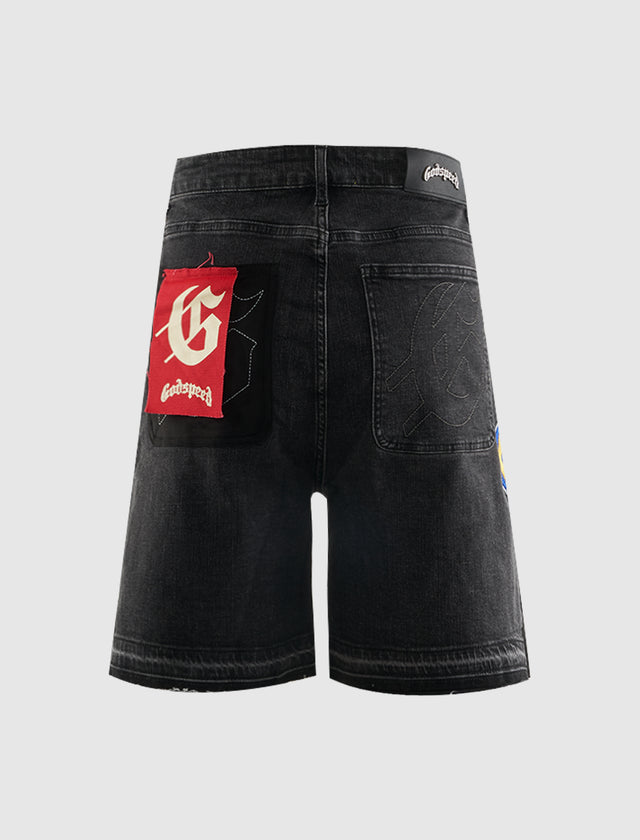 PATCHWORK-DENIM-SHORTS